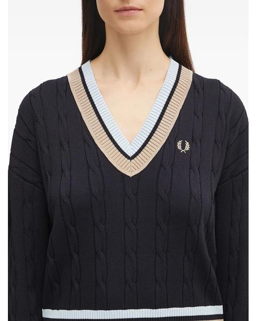 Fred Perry Blue Cable-Knit V-Neck Sweater