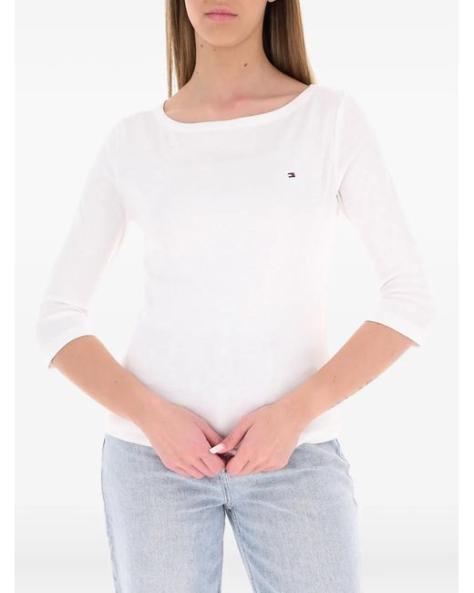 Tommy Hilfiger White Logo-Embroidered Boat-Neck Top