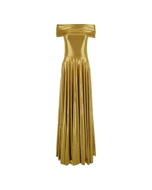 Norma Kamali Metallic Off-Shoulder Maxi Pleated Dress