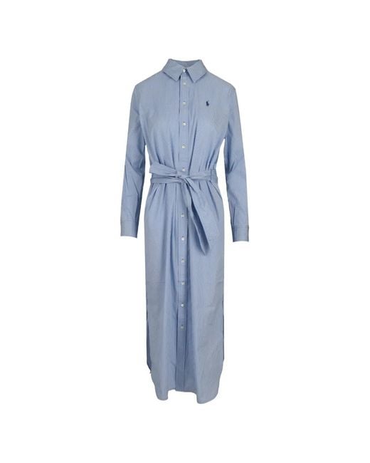 Polo Ralph Lauren Blue Vertical-Stripe Belted Shirt Dress