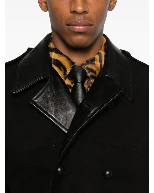 Ernest W. Baker Black Leather-Collared Belted Coat for men