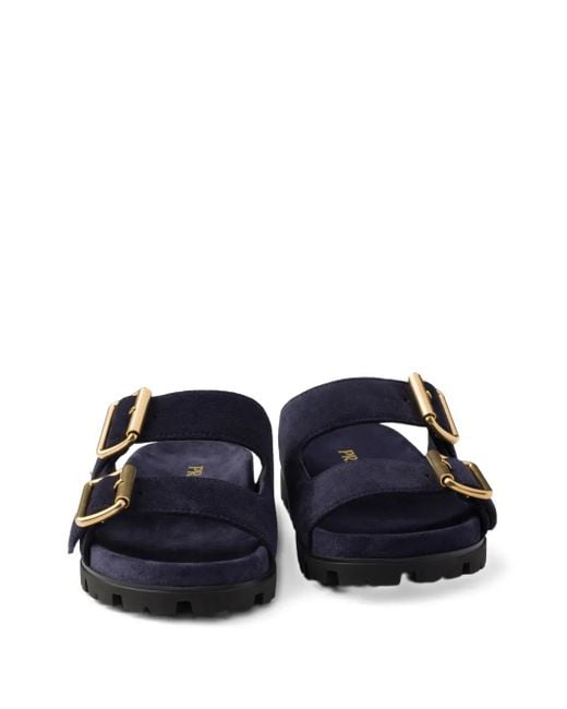 Prada Blue Suede Buckle Slides