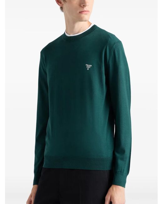 Prada Green Logo-Embroidered Wool Jumper for men