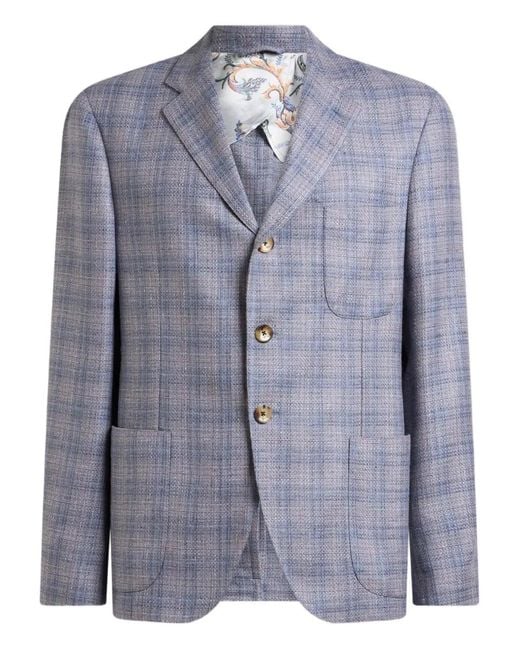 Etro Blue Checked Single-Breasted Blazer for men