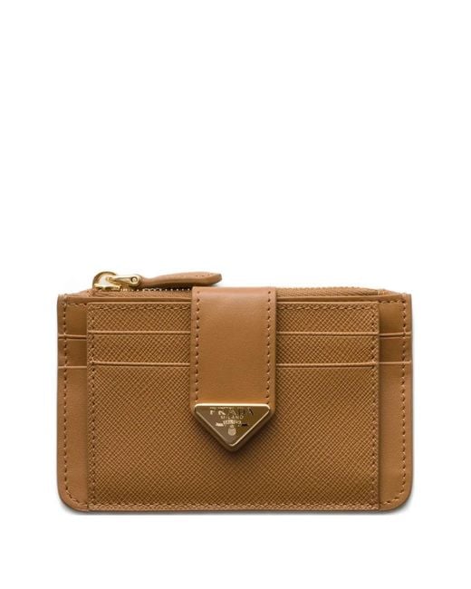 Prada Brown Porte-Cartes En Cuir Saffiano Et Cuir Lisse