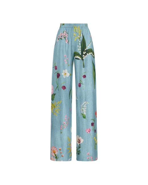 Oscar de la Renta Blue Floral-Print Silk Palazzo Pants