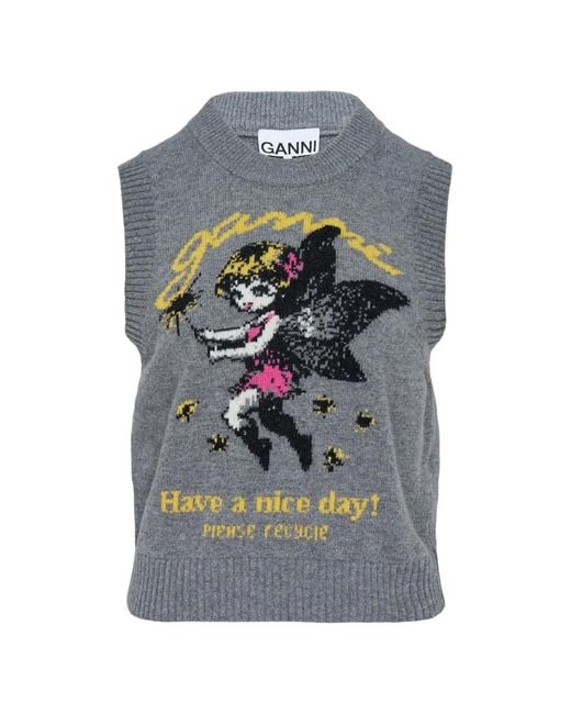 Ganni Gray Graphic-Intarsia Knitted Vest