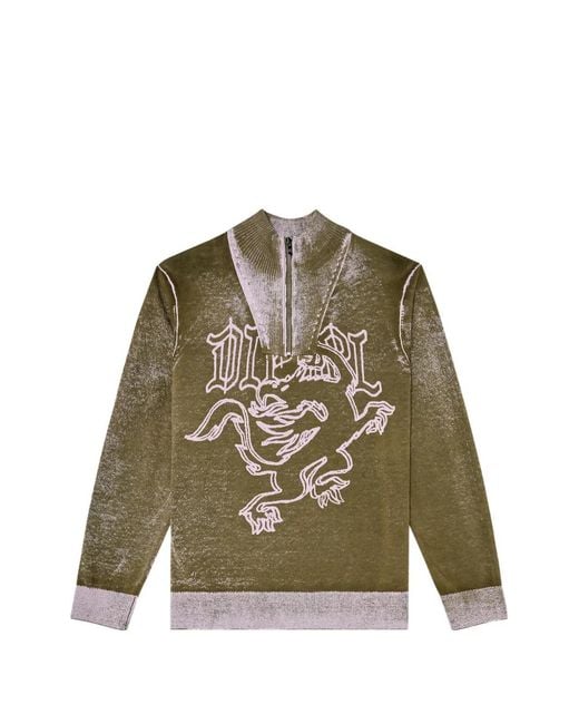 DIESEL Green Pull À Col Zippé Et Motif De Griffon for men