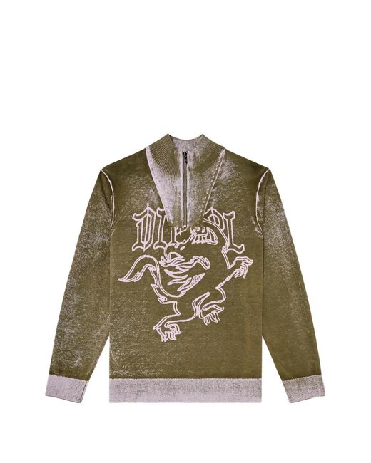 DIESEL Green Pull À Col Zippé Et Motif De Griffon for men