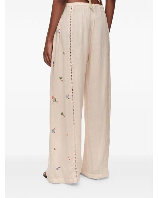 Bimba Y Lola White Wide Linen Trousers With Lace And Mini Embroidery