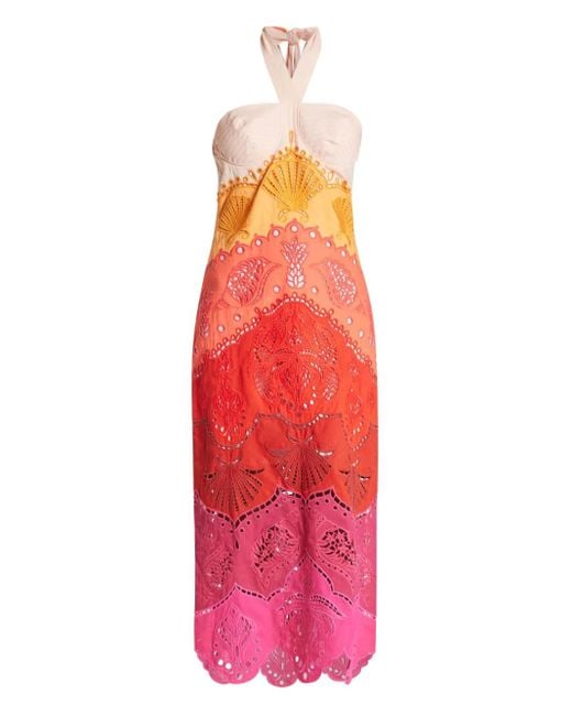 Farm Rio Red Embroidery-Eyelet Halter-Neck Midi Dress