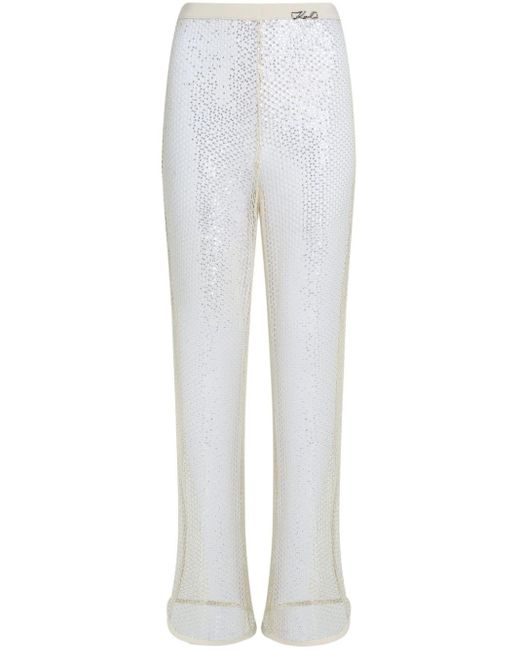 Pantalon en maille ajourée et brodé de sequins Karl Lagerfeld en coloris White