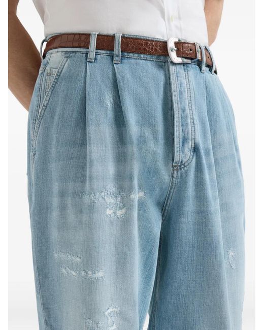 Brunello Cucinelli Blue Lightweight Denim Iconic Fit Five-Pocket Trousers With Double Pleats And Rips for men