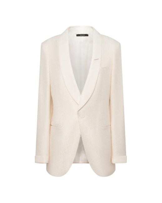 Tom Ford White Single-Breasted Cream Viscose Blend Blazer With Shawl Lapels And Silk Satin Cuffs for men