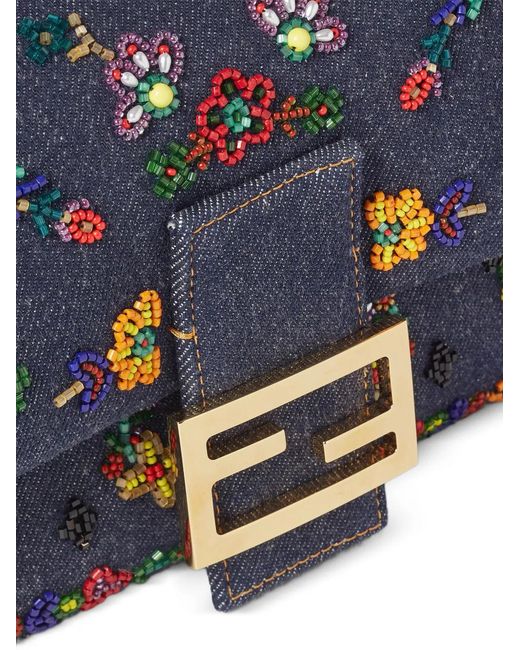 Fendi Blue Medium Baguette Floral-Motif Shoulder Bag