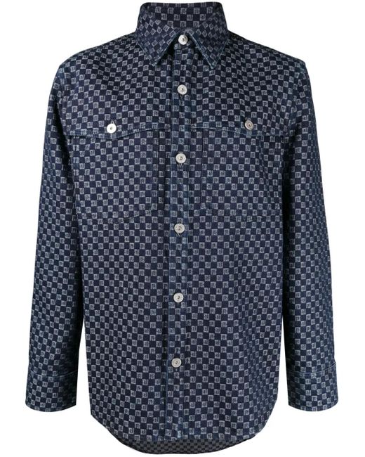Balmain Blue Monogram-Jacquard Denim Shirt for men
