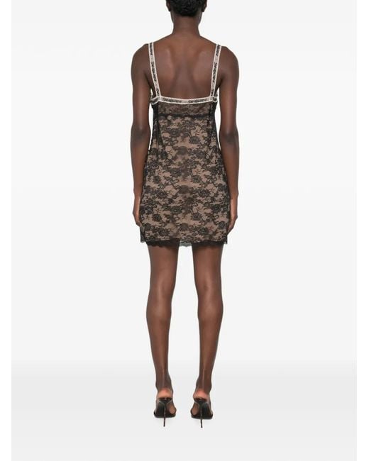 Saint Laurent Brown Lace-Overlay Logo-Strap Mini Dress