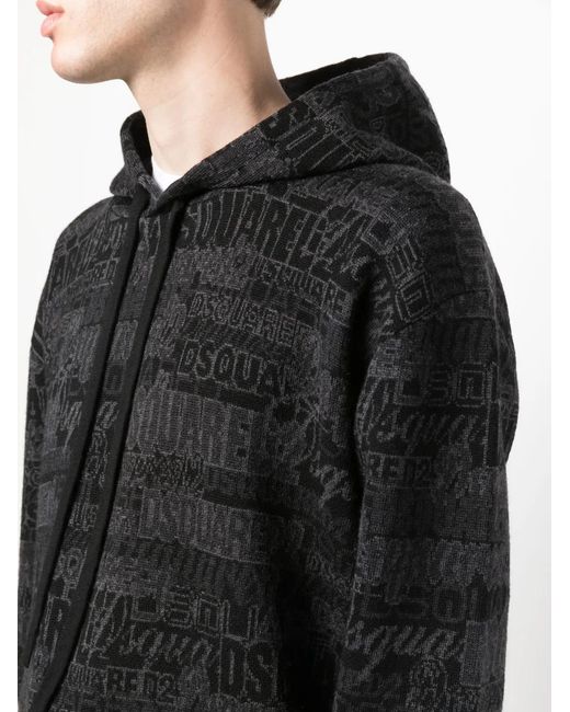 DSquared² Black Intarsia-Knit Drawstring Hoodie for men
