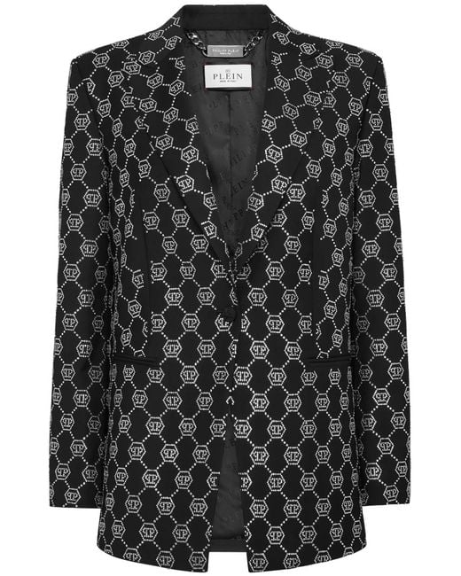 Philipp Plein Black Monogram-Embellished Wool Blazer