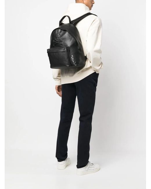 Philipp Plein Black Embossed Skull Backpack for men