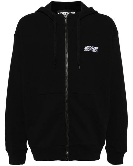 Moschino Black Logo Embroidered Zipped Hoodie for men