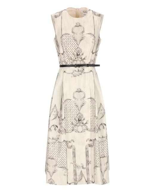 Max Mara White Printed Belted Midi Dress