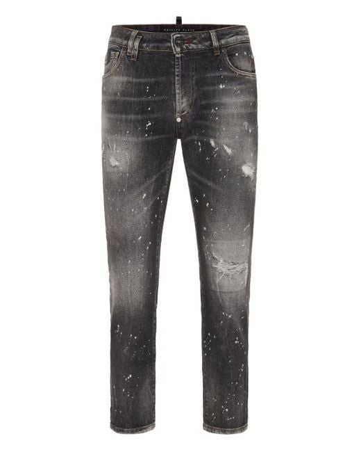 Philipp Plein Gray Paint-Splatter Distressed Jeans for men