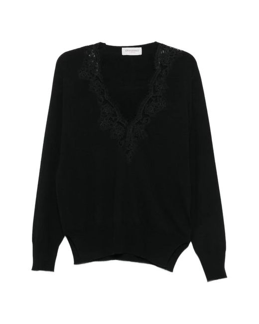 ERMANNO FIRENZE Black Lace-Trim V-Neck Sweater