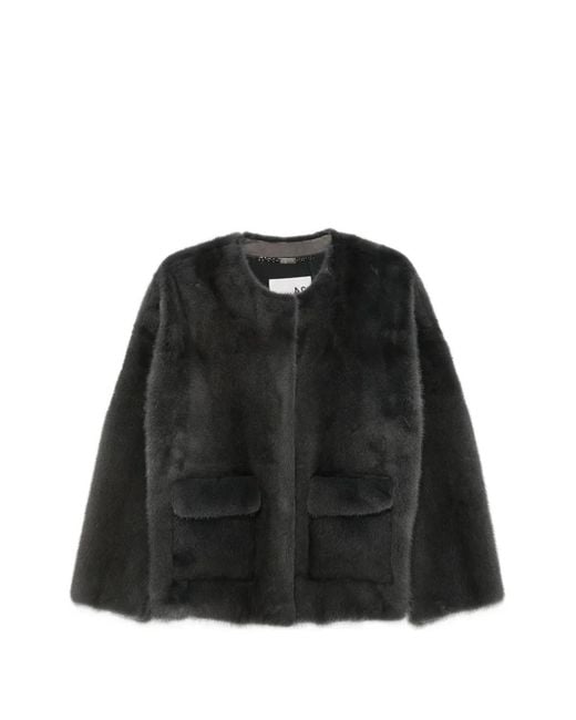 Manzoni 24 Black Collarless Flap-Pocket Fur Jacket