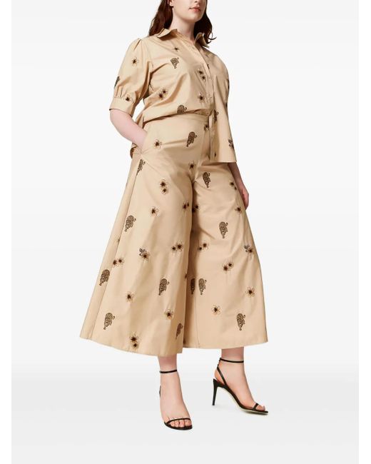Twinset Natural Floral-Embroidered Wide-Leg Trousers