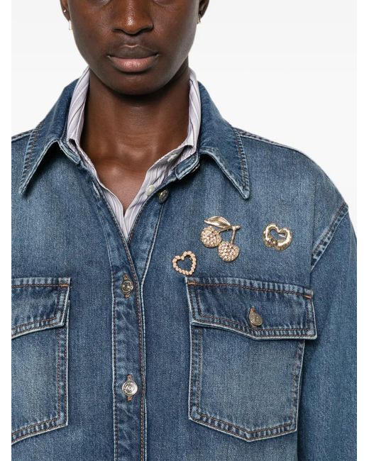 Maje Blue Brooch-Embellished Denim Shirt