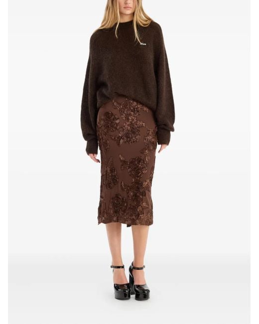 ROTATE BIRGER CHRISTENSEN Brown Rose-Embellished Pencil Midi Skirt