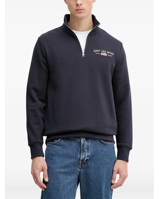 Gant Blue Logo-Embroidered Quarter-Zip Sweater for men