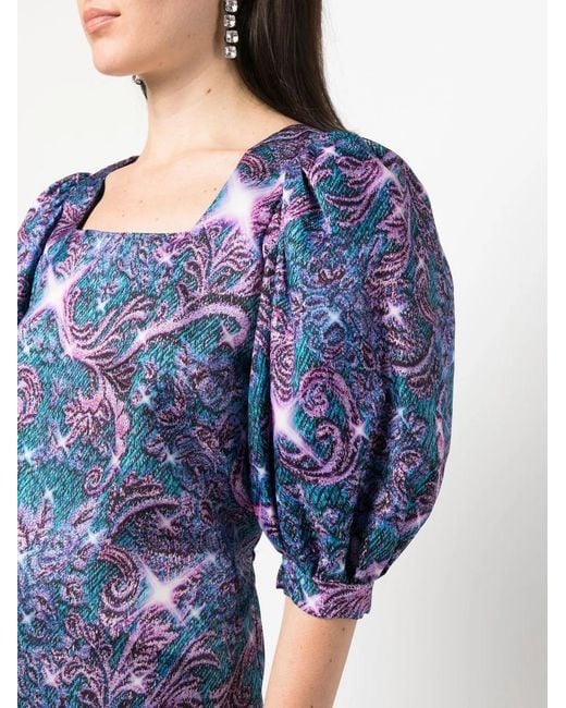 Viktor & Rolf Blue Brocade-Effect Print Puff-Sleeve Blouse