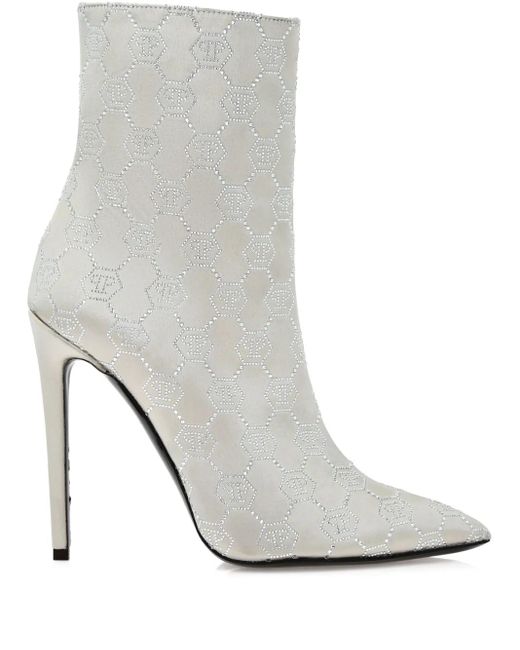Philipp Plein White 120Mm Monogram Satin Boots