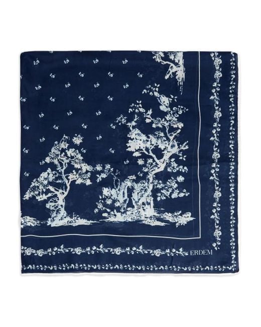 Erdem Blue Floral-Tree Print Scarf