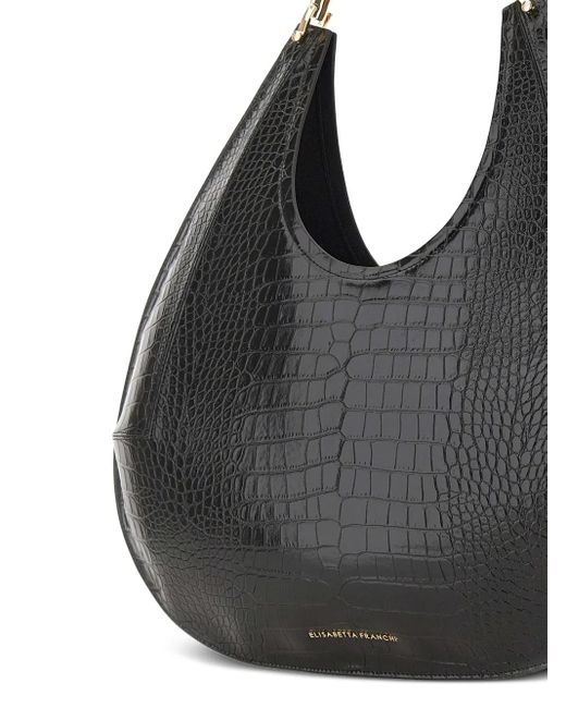 Elisabetta Franchi Black Large Crocodile-Embossed Jewel-Handle Tote Bag