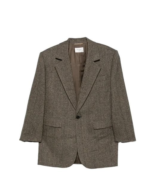 Saint Laurent Brown Herringbone-Pattern Single-Breasted Coat