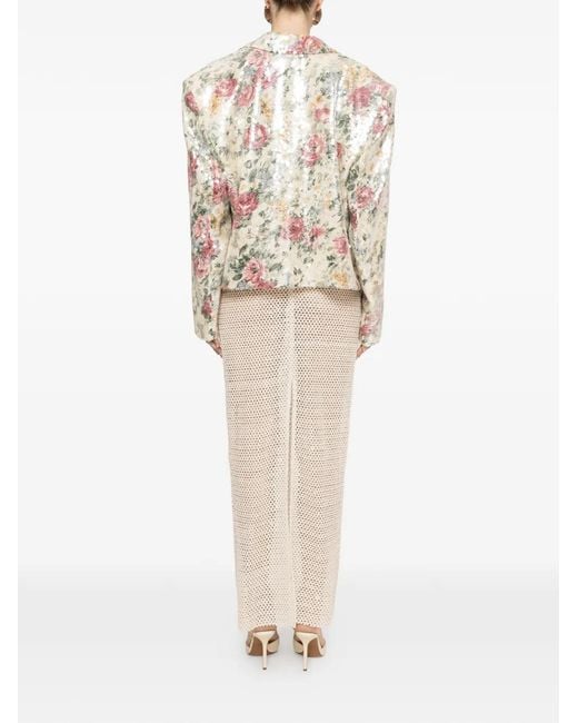 Nissa Natural Floral-Print Sequin-Embellished Blazer