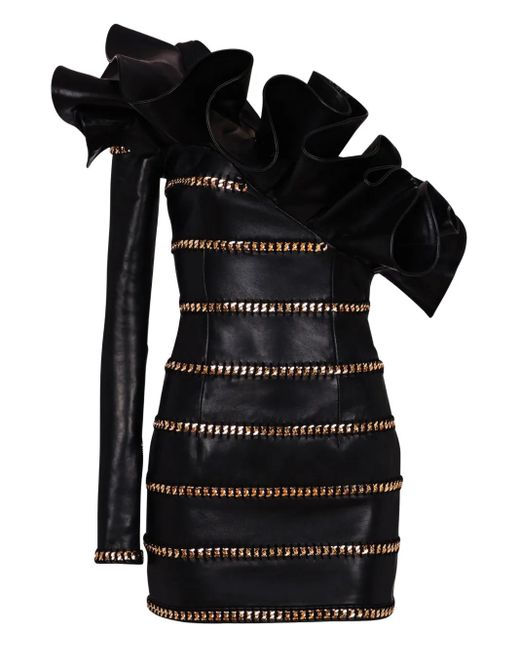 Balmain Black Asymmetric Leather Mini Dress