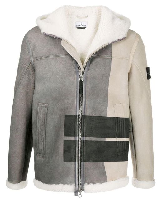 Stone Island Gray Colour-block Shearling Jacket for men