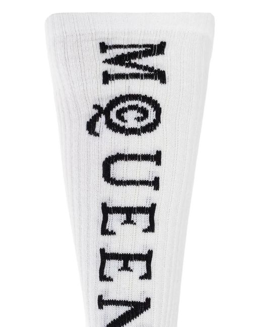 McQueen White Ribbed Logo Socks for men