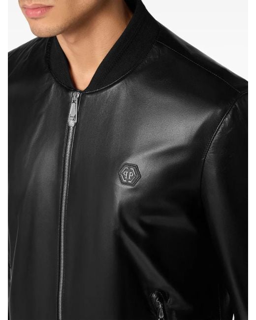 Philipp Plein Black Leather Bomber Jacket for men