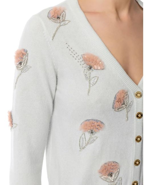 Elisabetta Franchi White Embroidered-Flower V-Neck Cardigan