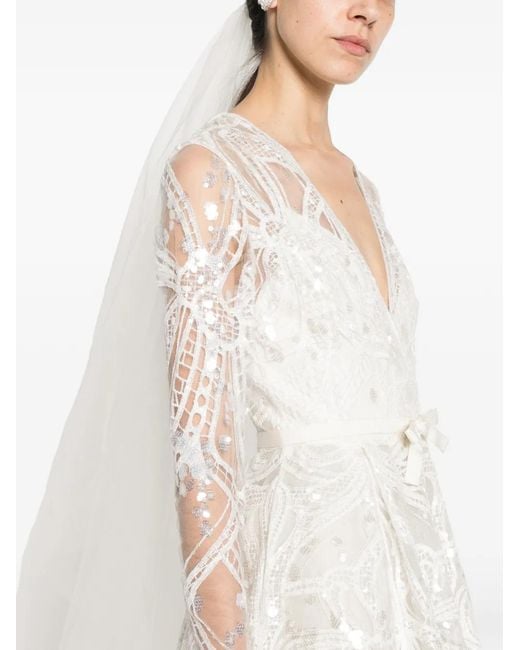 Elie Saab White Sequin-Embellished Lace-Overlay Maxi Dress