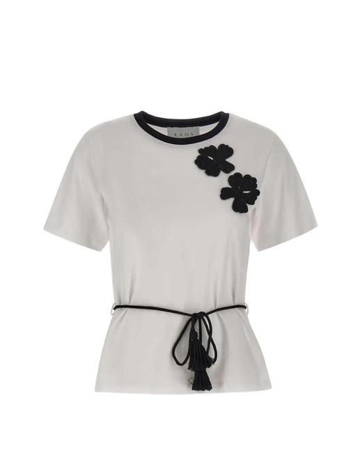 Kaos White Floral-Embroidered Belted T-Shirt