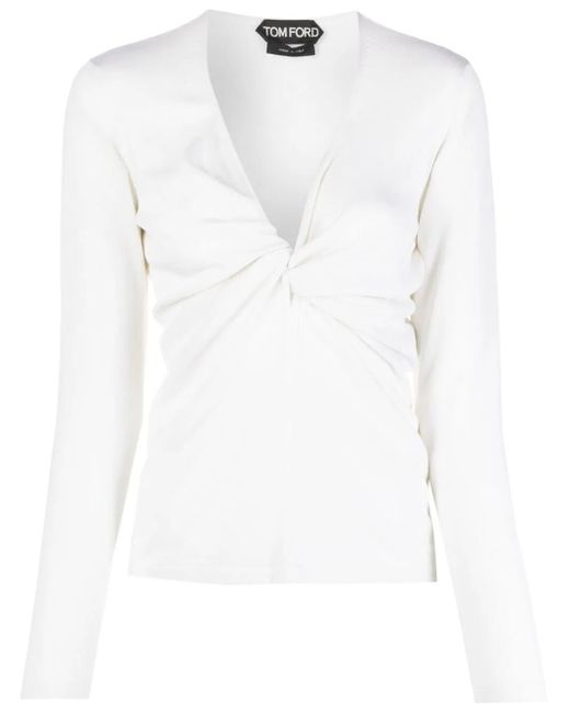 Tom Ford White Plunge-Neck Twist-Detail Knitted Top