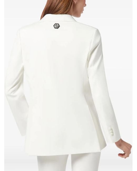 Philipp Plein White Satin-Lapels Embroidered Blazer