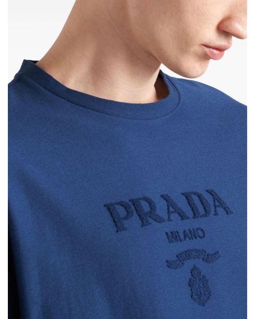 Prada T-Shirt aus Tech-Baumwolle mit Logo-Applikation in Blue für Herren
