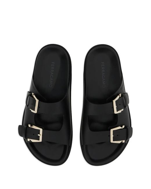 Ferragamo Black Double-Buckle Leather Sandals